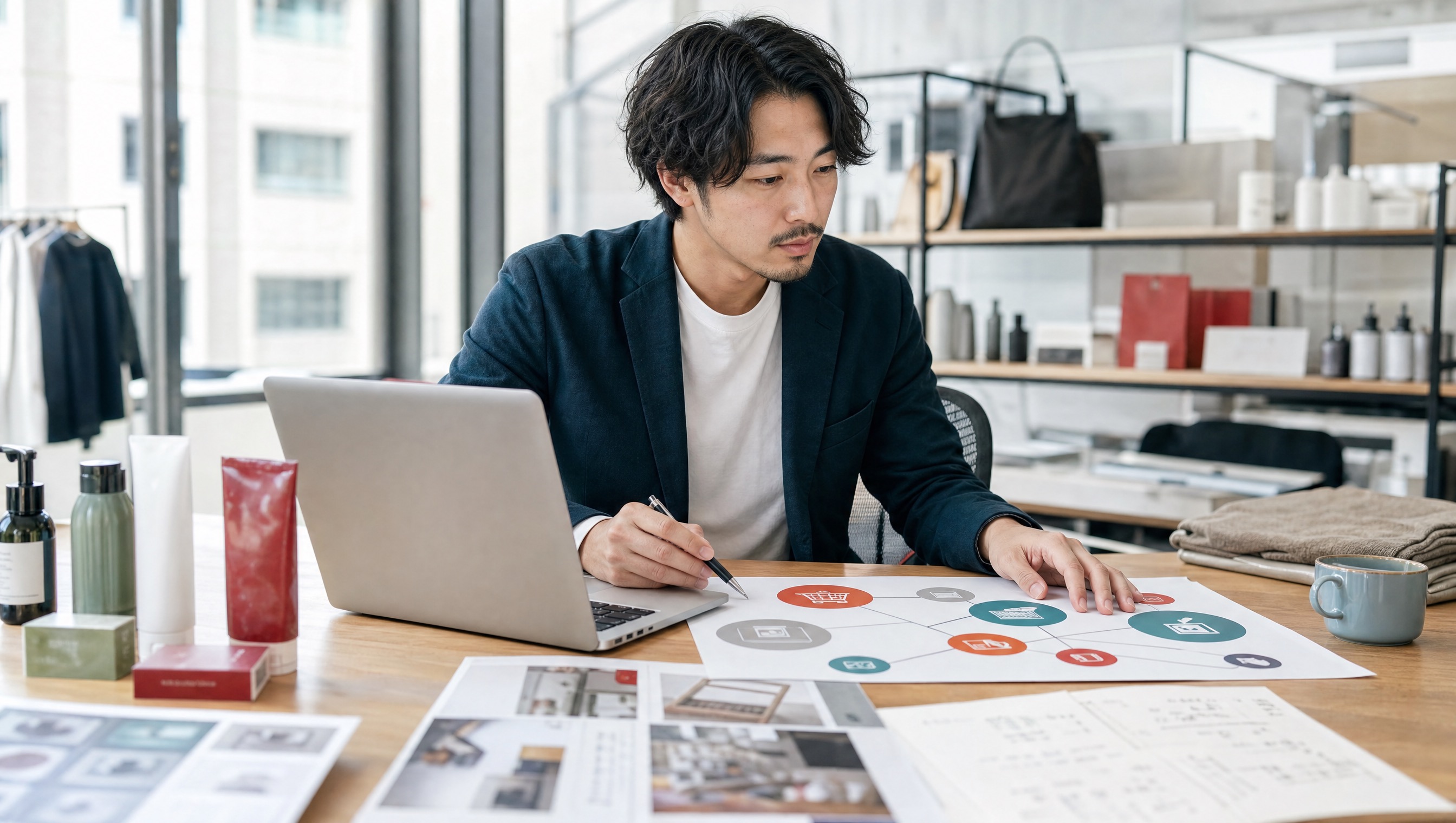 越境ECの販売チャネル比較をノートPCで確認している写真