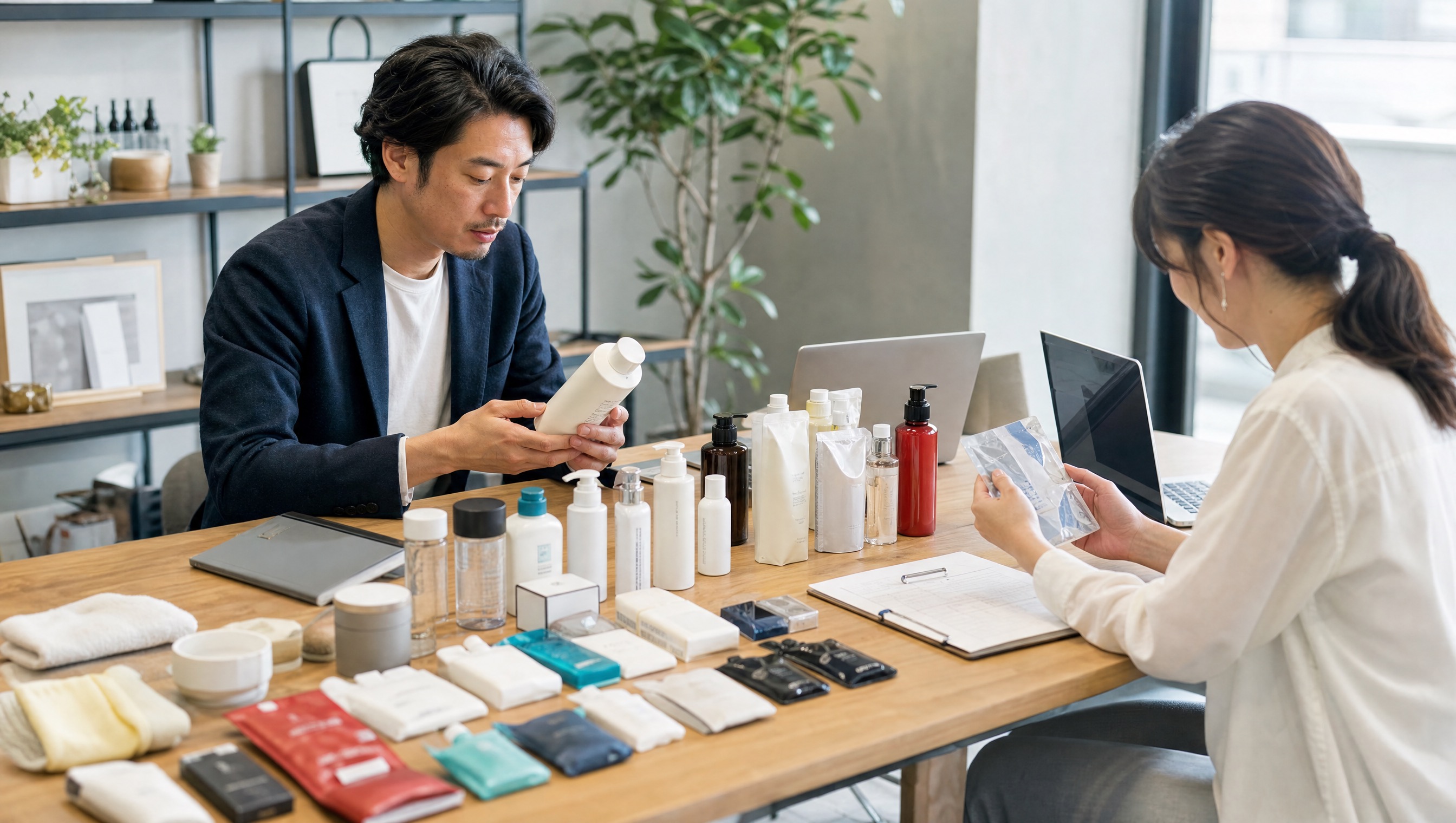 日本商品のサンプルと販売国候補を比較している写真