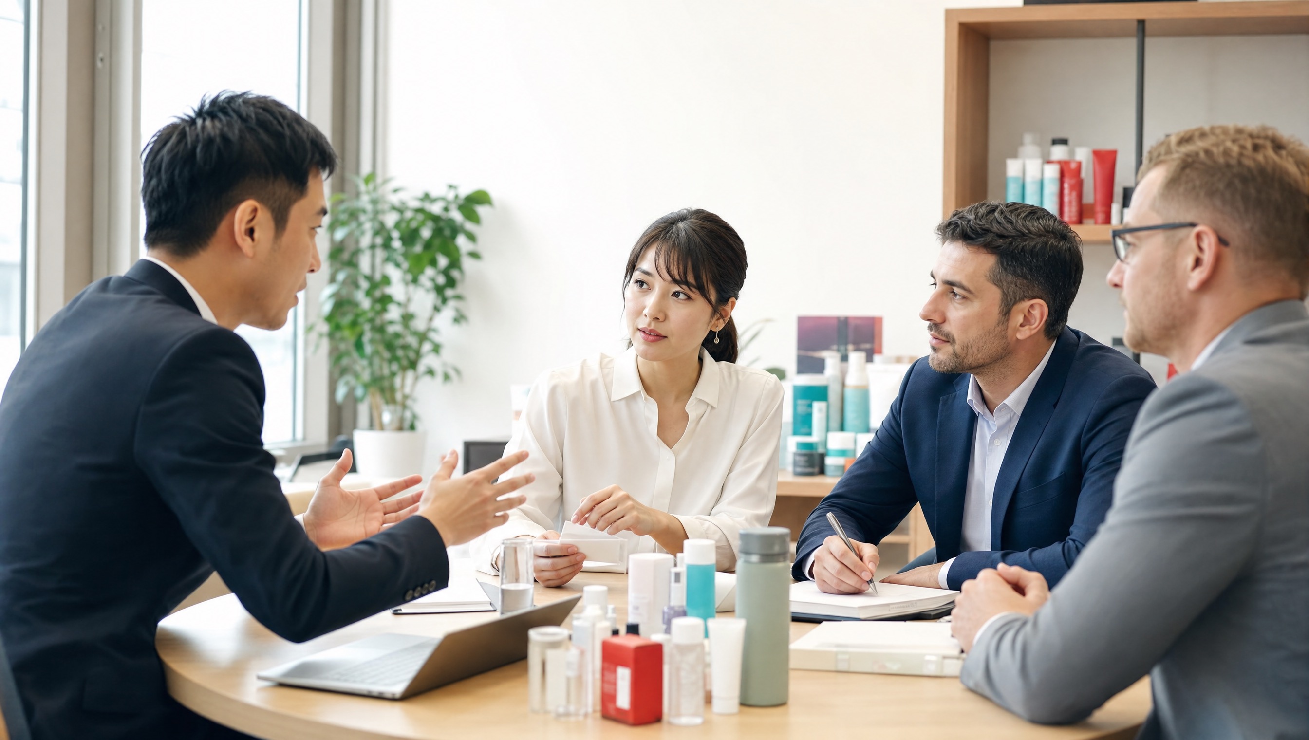 海外販売支援の役割分担を会議で確認している写真