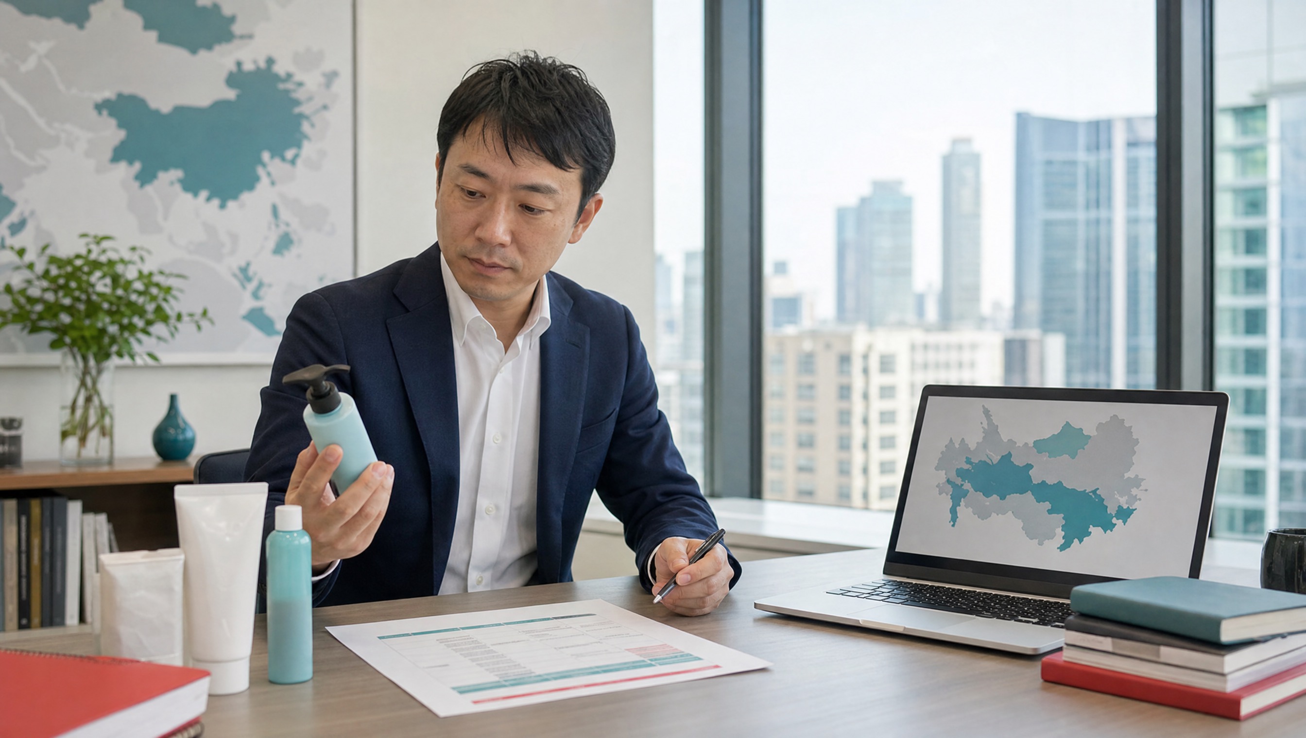 日本のブランド担当者が海外販売の検証資料を確認している写真